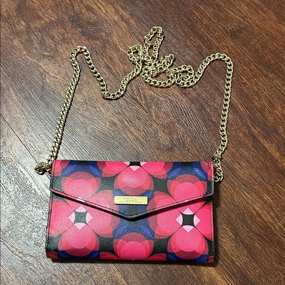 Trina Turk Pink Floral Envelope Crossbody with Gold Chain